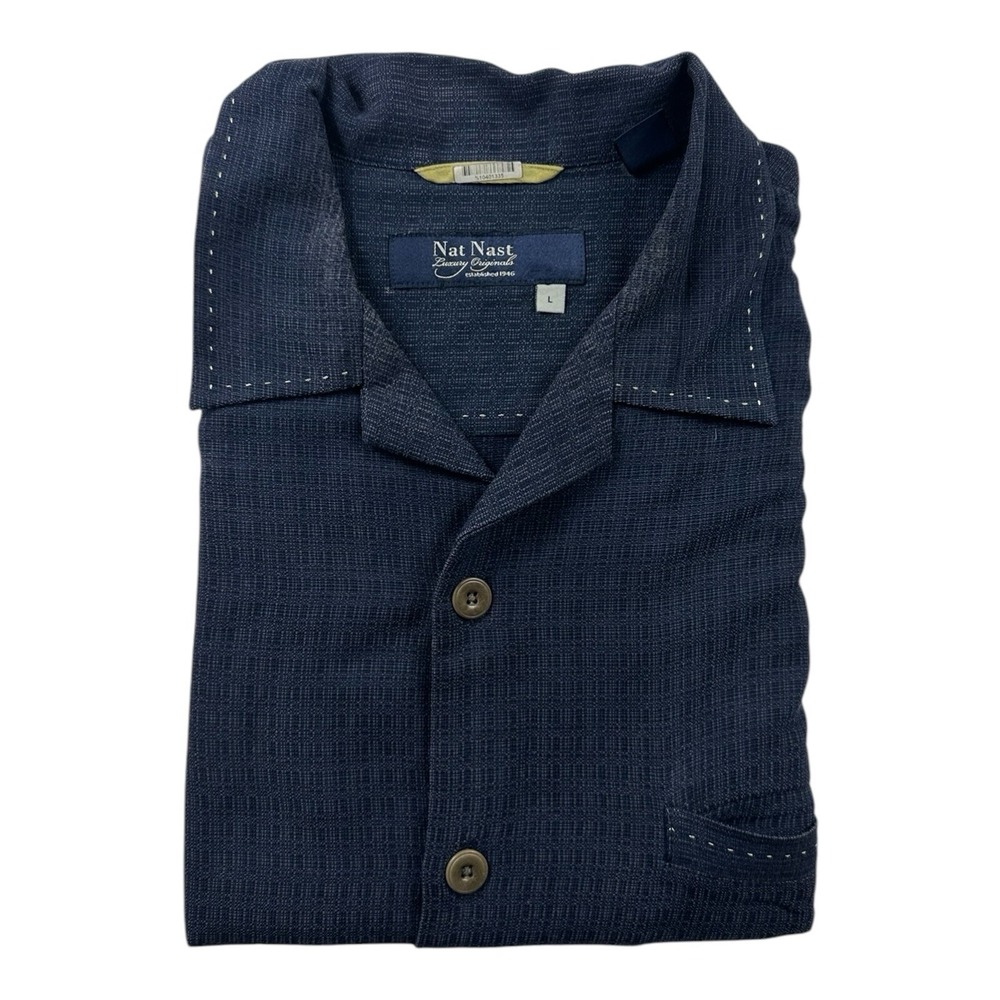 Nat Nast Blue Silk Cotton Blend Short Sleeve Button Front Shirt Mens Large